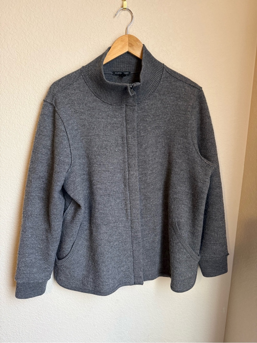 Eileen Fisher 100% Boiled Wool Zip Jacket Charcoal Gray M